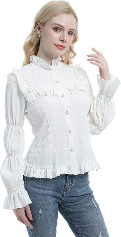 CR ROLECOS Women Victorian Blouse High Collar Lace Ruffled Shirt Tops in Saudi Arabia