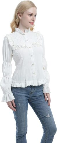 CR ROLECOS Women Victorian Blouse High Collar Lace Ruffled Shirt Tops in Saudi Arabia