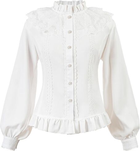 CR ROLECOS Women Victorian Blouse High Collar Lace Ruffled Shirt Tops in Saudi Arabia