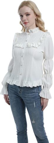 CR ROLECOS Women Victorian Blouse High Collar Lace Ruffled Shirt Tops in Saudi Arabia