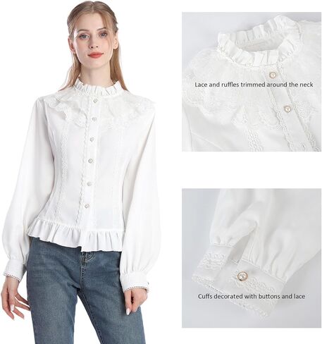 CR ROLECOS Women Victorian Blouse High Collar Lace Ruffled Shirt Tops in Saudi Arabia