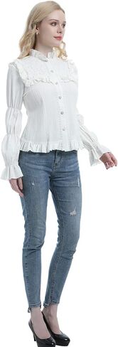CR ROLECOS Women Victorian Blouse High Collar Lace Ruffled Shirt Tops in Saudi Arabia