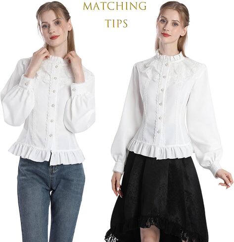CR ROLECOS Women Victorian Blouse High Collar Lace Ruffled Shirt Tops in Saudi Arabia