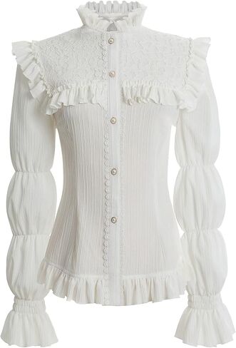 CR ROLECOS Women Victorian Blouse High Collar Lace Ruffled Shirt Tops in Saudi Arabia
