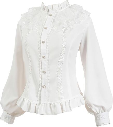 CR ROLECOS Women Victorian Blouse High Collar Lace Ruffled Shirt Tops in Saudi Arabia