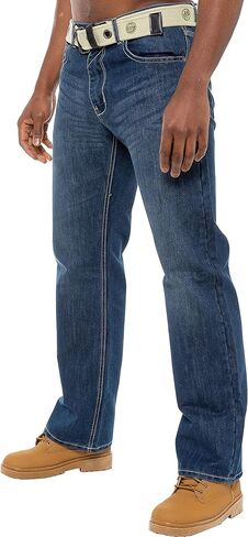 Enzo Mens Designer Denim Jeans Blue Regular Fit Free Belt All Waist Sizes (36W x 34L, Stone Wash) in Saudi Arabia