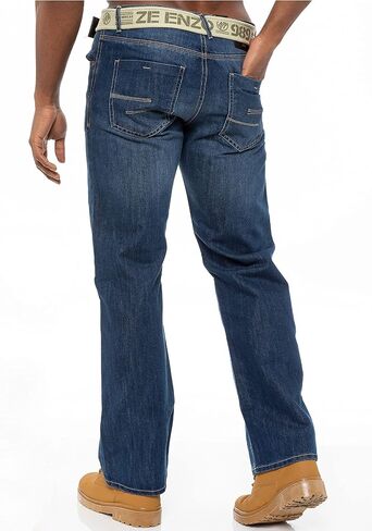 Enzo Mens Designer Denim Jeans Blue Regular Fit Free Belt All Waist Sizes (36W x 34L, Stone Wash) in Saudi Arabia