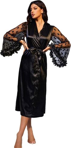 OYOANGLE Women's Elegant Contrast Heart Mesh Appliques Cuff Trumpet Floral Sleeve Belted Satin Night Robe in Saudi Arabia