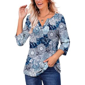 LIENRIDY Women's Plus Size 3/4 Sleeve Tops V Neck Henley Shirt Floral Tunic Tops