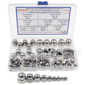 9 Sizes #6-32 to 1/2"-13 Acorn Hex Cap Nuts Assortment Kit;304 Stainless Steel SAE Cap Nuts- #6-32#8-32#10-24#10-32 1/4"-20 5/16"-18 3/8"-16 7/16"-14 1/2"-13 for Screws Bolts