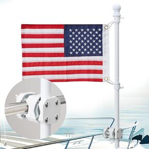 White Boat Flag Pole Kit, 12 x 18 Embroidered American Flag for Boat with Pole, No Drilling Boat Flag Pole Rod Holder Mount for Pontoon Boat Accessories Heavy Duty