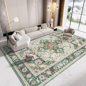 Vamcheer Machine Washable Area Rugs - 4'x6' Vintage Area Rug for Living Room, Bedroom, Home Office, Stain Resistant Non-Slip Backing Rugs, Ultra-Soft Floral Print Carpet, Green
