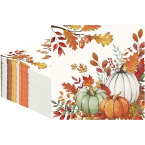 100 PCS Fall Pumpkin Paper Napkins Watercolor Autumn Luncheon Napkins Disposable Pumpkins Maple Leaves Dinner Napkins for Autumn Thanksgiving Harvest Decoration, 6.5 x 6.5 Inch