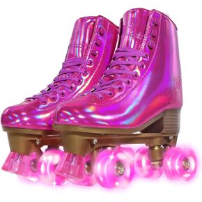 JajaHoho Roller Skates for Women, Magenta Holographic High Top PU Leather Rollerskates, Shiny Double-Row Four Barbie Pink Fushcia Wheels Quad Skates for Girls and Age 8-50 Indoor Outdoor (Plum)