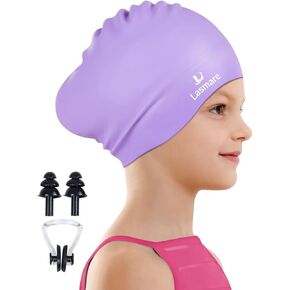 Kids Long Hair Swim Cap for Girls Boys, 3 Size Silicone Swimming Cap for Age 1-15 Toddler Children Teens, Waterproof Swim Hats Bathing Caps with Ear Plugs & Nose Clip to Keep Hair Dry