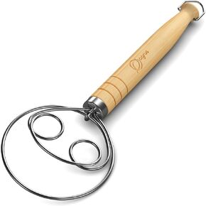 Danish Dough Whisk - Bread Making Tools - Danish Dough Hook - Bread Dough Mixer Hand - Bread Dough Whisk for Pastry - Large Stainless Steel Swedish Whisk with Wooden Handle