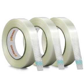 Strapping Tape (1/2" x 60 yds, Pack of 3) Filament Tape Rolls - 5.5mil Fiberglass Tape - Reinforced Packing Tape - Synthetic PET Adhesive Heavy Duty Packing Tape