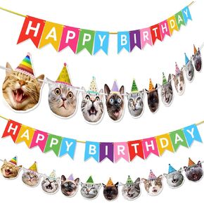Happy Birthday Cat Face Banner Kitties Garland Photographic Hat Cat with Rainbow Bday Sign Bunting Party Backdrop Decorations