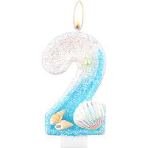 Girls Glitter 6th Birthday Number Candle,Glitter Mermaid Number 6 Candle with Purple Shell Sequins,Pink Purple Pearls Cake Candles for Girls Mermaid Birthday Decorations Party Supplies