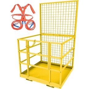YITAMOTOR 43"x45" Forklift Safety Cage, 1400 LBS Yellow Capacity Forklift Work Platform with Safety Harness, Collapsible Lift Basket Aerial Platform for Lifting Loader