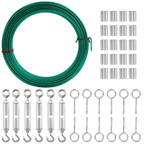 Steel Wire M5 Turnbuckle Kit, 100FT PVC Coated Green Clothes Line Wires Turnbuckle Tensioner, 8Ga Coated Steel Rope Perfect for Climbing Plants, Clothesline Wire, Garden Fence, Shade Sail Hanging