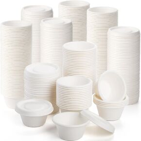 Yesland 200 Pack 2 oz Natural Bagasse Fiber Cups with Lids, Paper Tasting Cups Disposable Sample Food cup, Compostable Sauce Containers for Snack Tasting Charcuterie