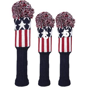 Golf Builder 3pcs USA Stars and Stripes Knitted Golf Head Cover Driver Fairway Wood Pom Pom Head Cover Sock Covers