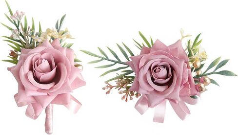 Corsage and Boutonniere Set Artificial Rose and Handmade Silk Bride Bridesmaids Wrist Corsage and Men Boutonniere for Wedding Prom Party Suit Decoration, Red in Saudi Arabia