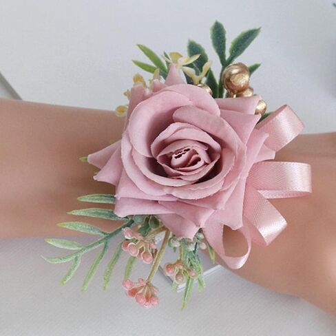 Corsage and Boutonniere Set Artificial Rose and Handmade Silk Bride Bridesmaids Wrist Corsage and Men Boutonniere for Wedding Prom Party Suit Decoration, Red in Saudi Arabia