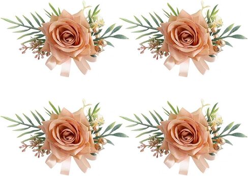 Corsage and Boutonniere Set Artificial Rose and Handmade Silk Bride Bridesmaids Wrist Corsage and Men Boutonniere for Wedding Prom Party Suit Decoration, Red in Saudi Arabia