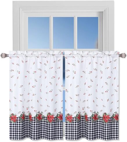 Christmas Kitchen Curtains Set of 2 Floral Print Farmhouse Decoration Curtains Red and Black Buffalo Plaid Window Treatments for Kitchen Bathroom Bedroom, 27 x 24 inch, Red and Black in Saudi Arabia