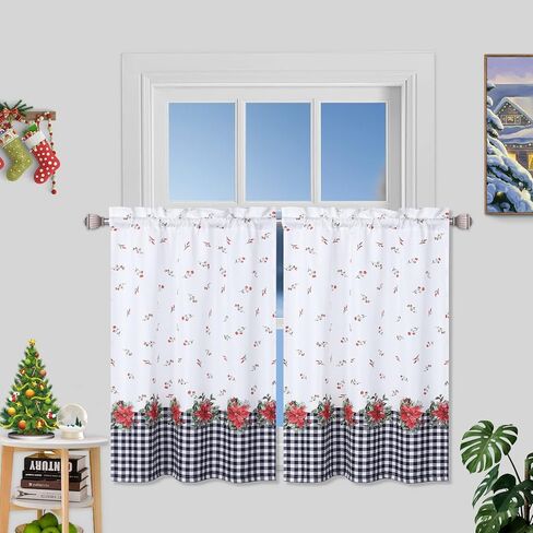 Christmas Kitchen Curtains Set of 2 Floral Print Farmhouse Decoration Curtains Red and Black Buffalo Plaid Window Treatments for Kitchen Bathroom Bedroom, 27 x 24 inch, Red and Black in Saudi Arabia