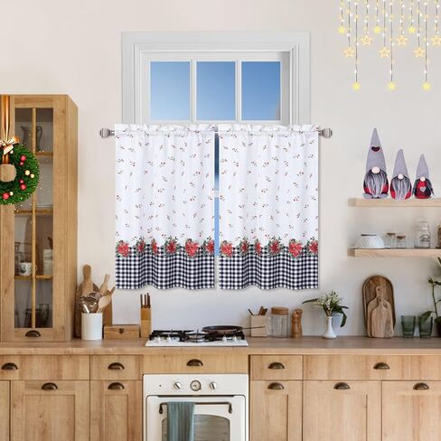 Christmas Kitchen Curtains Set of 2 Floral Print Farmhouse Decoration Curtains Red and Black Buffalo Plaid Window Treatments for Kitchen Bathroom Bedroom, 27 x 24 inch, Red and Black in Saudi Arabia