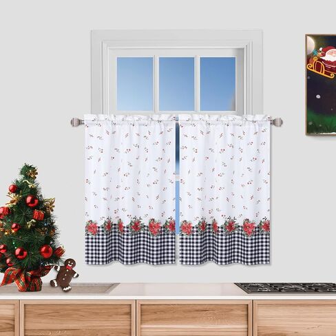 Christmas Kitchen Curtains Set of 2 Floral Print Farmhouse Decoration Curtains Red and Black Buffalo Plaid Window Treatments for Kitchen Bathroom Bedroom, 27 x 24 inch, Red and Black in Saudi Arabia