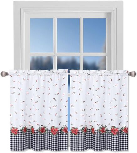 Christmas Kitchen Curtains Set of 2 Floral Print Farmhouse Decoration Curtains Red and Black Buffalo Plaid Window Treatments for Kitchen Bathroom Bedroom, 27 x 24 inch, Red and Black in Saudi Arabia