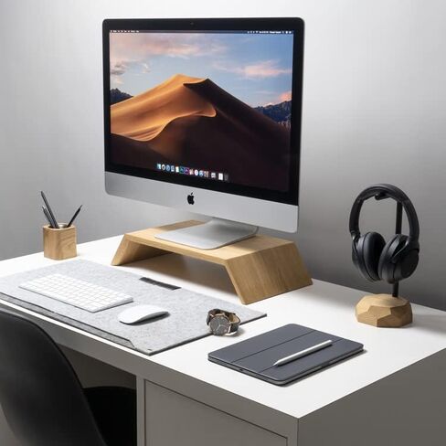 حامل شاشة Oakywood، حامل وضع مريح لجهاز الكمبيوتر iMac، جهاز كمبيوتر في وضع مستوى العين، مصنوع يدويًا ومصقول يدويًا في الاتحاد الأوروبي، ملحقات مكتب المنزل من الخشب الصلب، ارتفاع 9 سم، خشب الجوز in Kuwait
