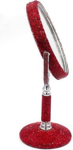 مرآة مكياج على الطاولة مزدوجة الجوانب من حجر الراين بلينغ، مرآة مكياج معدنية مستديرة مع مرآة مكبرة 1:2، مرآة دوارة (فضية) in Kuwait