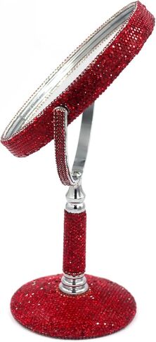 مرآة مكياج على الطاولة مزدوجة الجوانب من حجر الراين بلينغ، مرآة مكياج معدنية مستديرة مع مرآة مكبرة 1:2، مرآة دوارة (فضية) in Kuwait