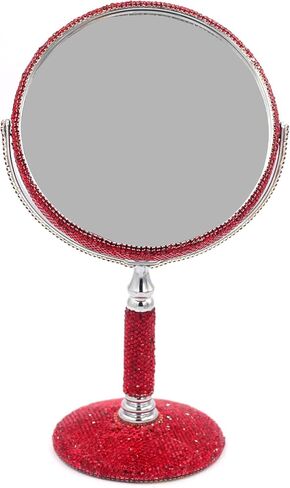 مرآة مكياج على الطاولة مزدوجة الجوانب من حجر الراين بلينغ، مرآة مكياج معدنية مستديرة مع مرآة مكبرة 1:2، مرآة دوارة (فضية) in Kuwait