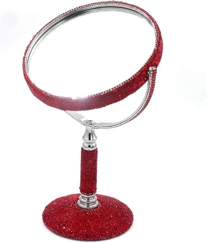 مرآة مكياج على الطاولة مزدوجة الجوانب من حجر الراين بلينغ، مرآة مكياج معدنية مستديرة مع مرآة مكبرة 1:2، مرآة دوارة (فضية) in Kuwait