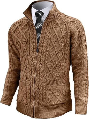 Comdecevis Men's Cardigan Sweaters Full Zip Up Stand Collar Slim Fit Cable Knitted Sweater with Pockets in Saudi Arabia