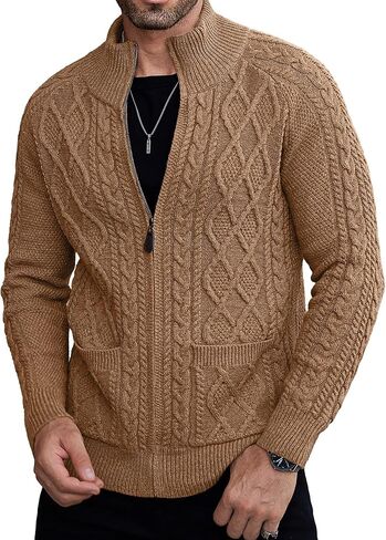 Comdecevis Men's Cardigan Sweaters Full Zip Up Stand Collar Slim Fit Cable Knitted Sweater with Pockets in Saudi Arabia