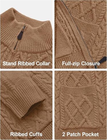 Comdecevis Men's Cardigan Sweaters Full Zip Up Stand Collar Slim Fit Cable Knitted Sweater with Pockets in Saudi Arabia