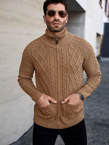 Comdecevis Men's Cardigan Sweaters Full Zip Up Stand Collar Slim Fit Cable Knitted Sweater with Pockets in Saudi Arabia