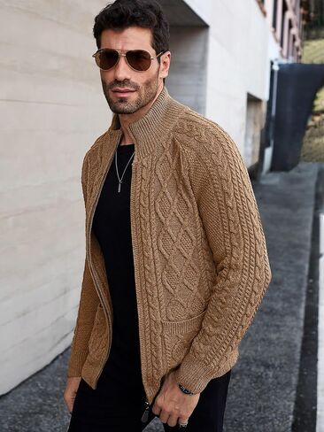 Comdecevis Men's Cardigan Sweaters Full Zip Up Stand Collar Slim Fit Cable Knitted Sweater with Pockets in Saudi Arabia