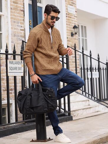 Comdecevis Men's Cardigan Sweaters Full Zip Up Stand Collar Slim Fit Cable Knitted Sweater with Pockets in Saudi Arabia