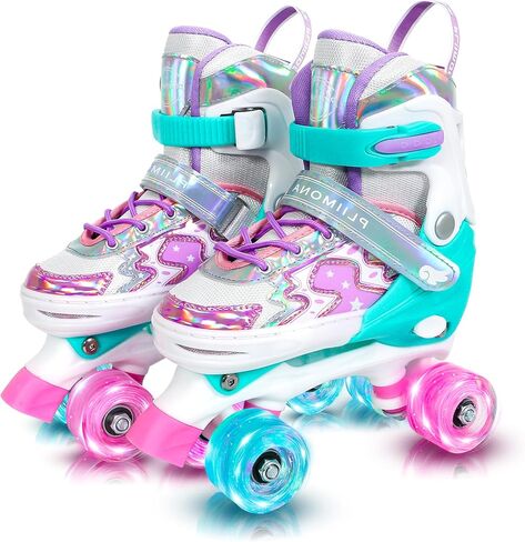 Roller Skates for Girls Boys Kids,4 Size Adjustable Light up Wheels,Birthday Gift for Indoor Outdoor Sports, Pink Blue Skates for Toddlers Age 3-12 Years Old in Kuwait