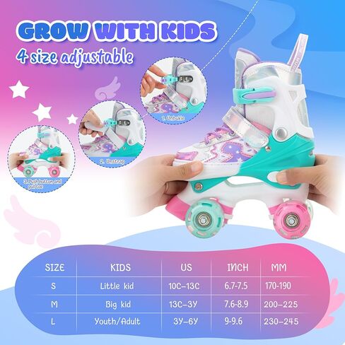 Roller Skates for Girls Boys Kids,4 Size Adjustable Light up Wheels,Birthday Gift for Indoor Outdoor Sports, Pink Blue Skates for Toddlers Age 3-12 Years Old in Kuwait