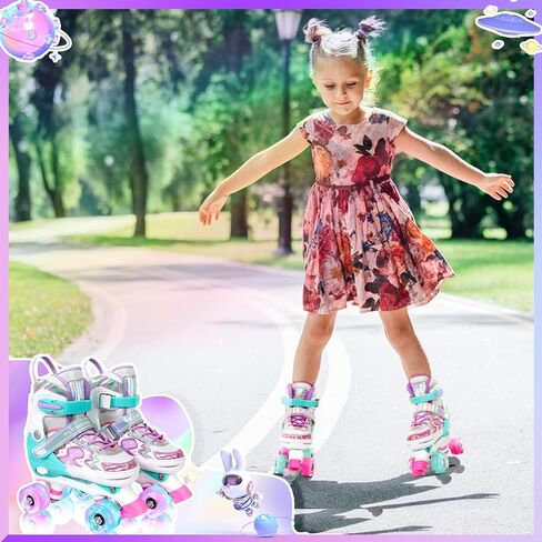 Roller Skates for Girls Boys Kids,4 Size Adjustable Light up Wheels,Birthday Gift for Indoor Outdoor Sports, Pink Blue Skates for Toddlers Age 3-12 Years Old in Kuwait