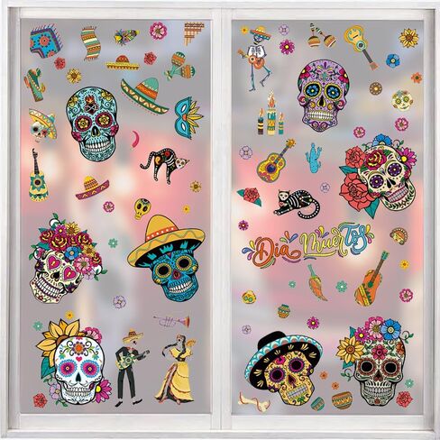 9 Sheets Halloween Window Clings, Sugar Skull Flower Double-Sided Window Stickers Reusable Static Day of The Dead Guitar Grave Window Decals for Mexican Dia De Los Muertos Decorations Party Supplies in Saudi Arabia